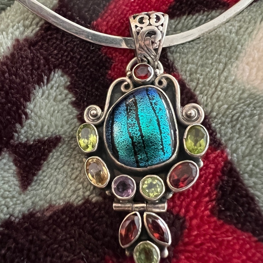 ❤️ Native Artisan Handmade Dichroic Glass & Gemstone Pendant 925 Sterling - Picture 4 of 12